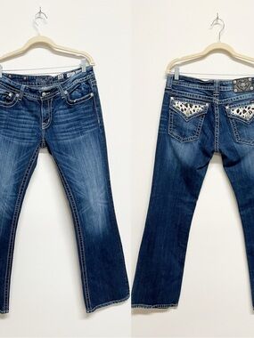 Miss Me Womens Dark Wash Embellished Black White Pocket Bootcut Jeans Size 32